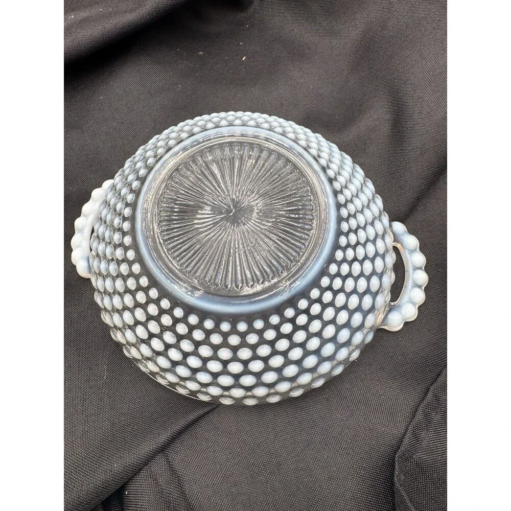 Vintage FENTON Art Glass Blue Tint Opalescent Hobnail Round Bowl With Handles